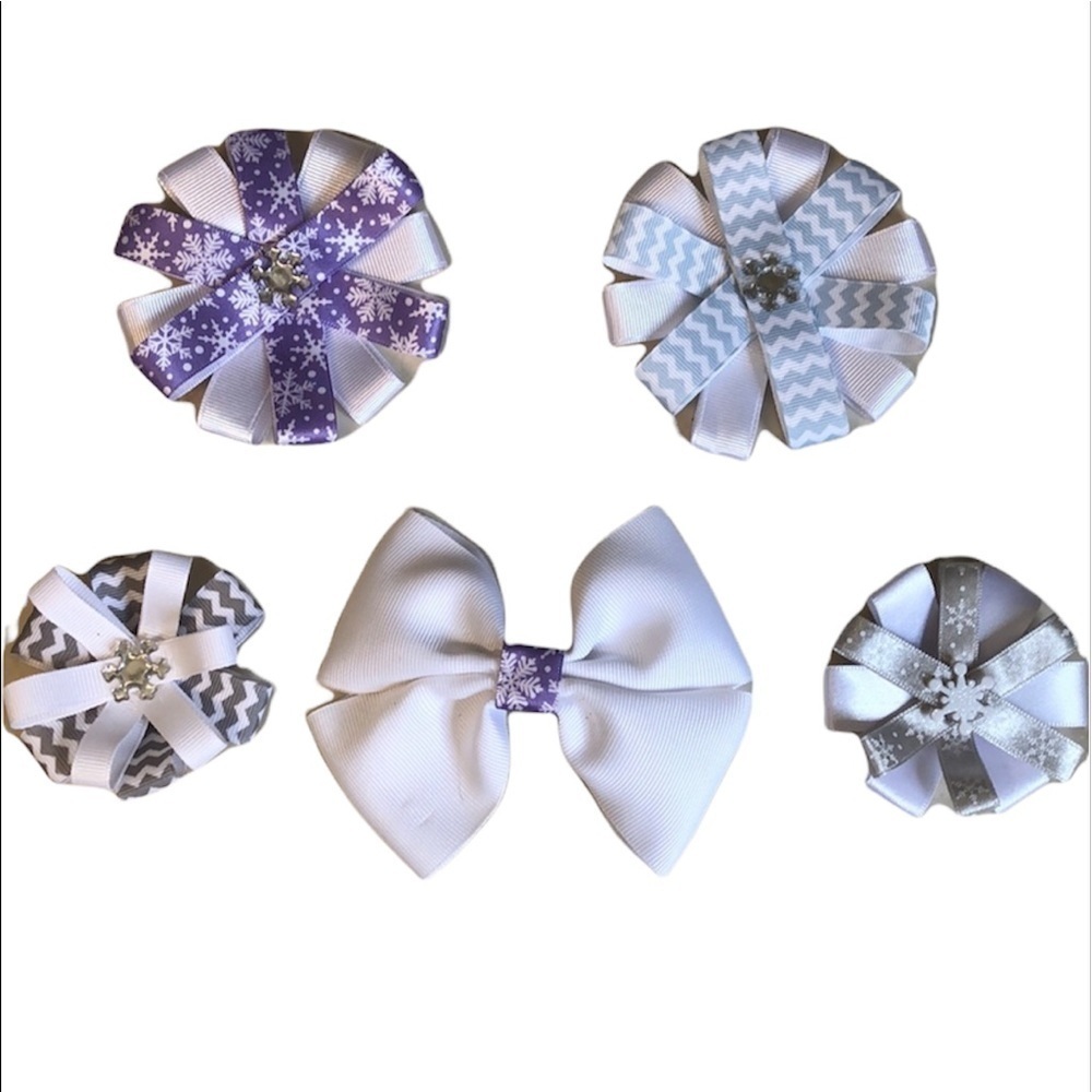 2/$15 5-Piece Snowflake Bow Hair Accessories | Winter Hair Clips | Girls